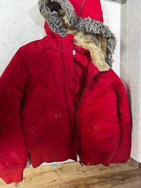Cato Bright Red Hooded Puffer Jacket with Faux-Fur Trim